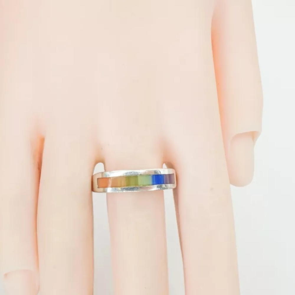 Vintage Sterling Silver 925 Pastel Stone Rainbow‎ Inlay Square Band Ring Sz 7.5